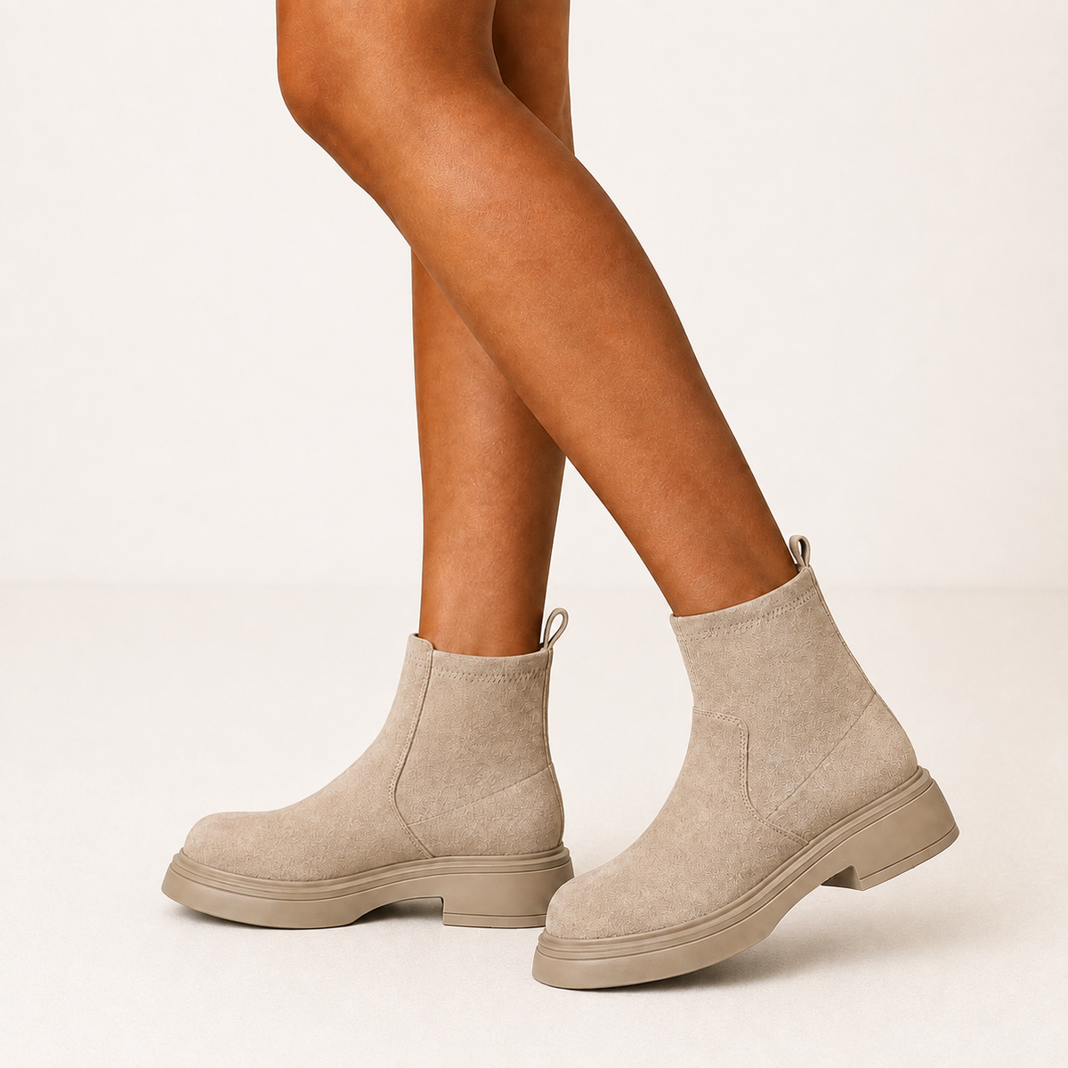 Women's suede-look ankle boots with a round toe and low heel