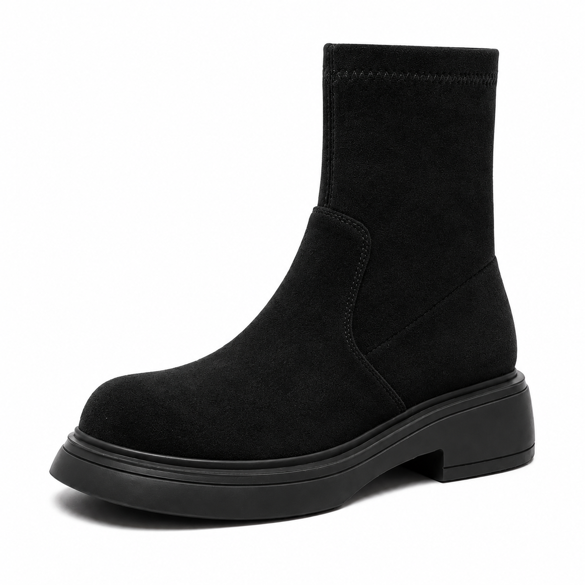 Women's suede-look ankle boots with a round toe and low heel - black