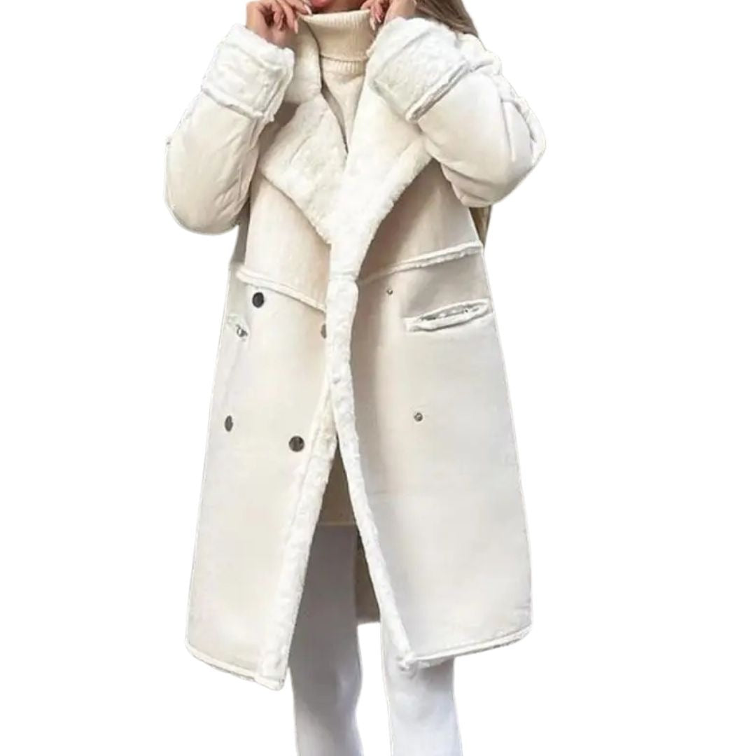 Women's suede-look coat with a teddy lining and wide teddy lapels - cream
