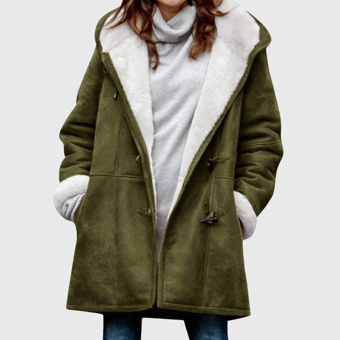 Women's suede-look duffle coat with a teddy-lined hood and toggles - olive