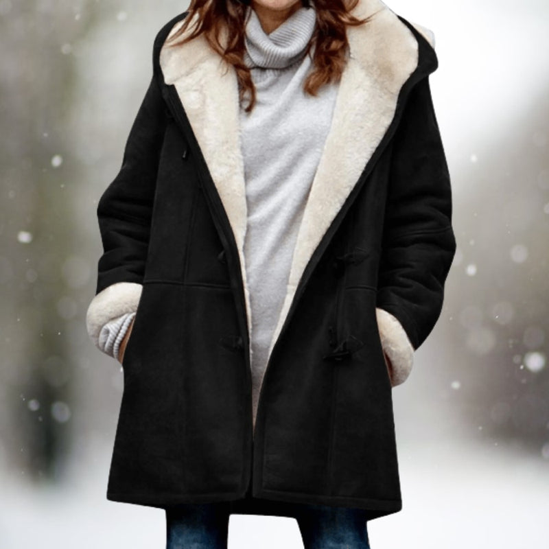 Women's suede-look duffle coat with a teddy-lined hood and toggles - black