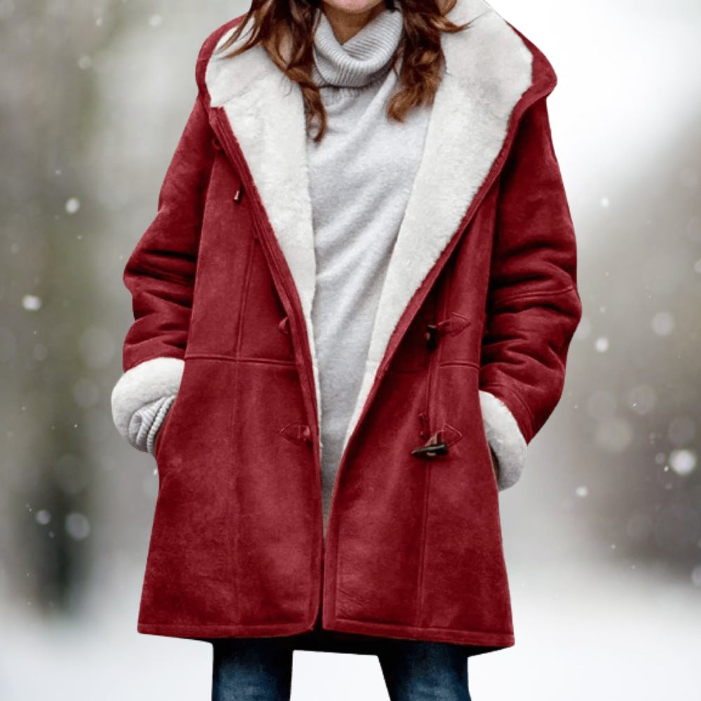 Women's suede-look duffle coat with a teddy-lined hood and toggles - wine red