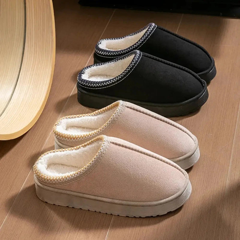 Platform slippers in suede look with open heel, plush lining and stitched trim - view 2