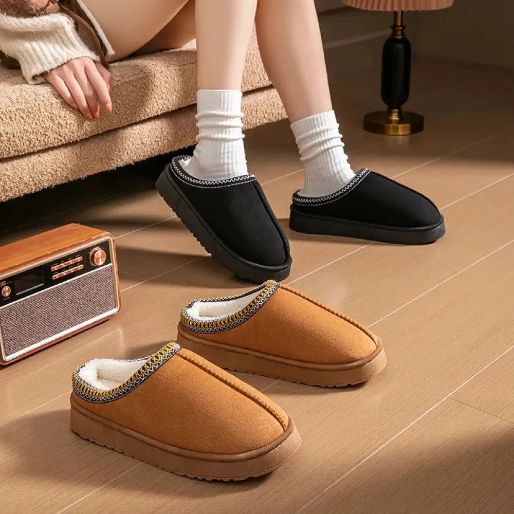 Platform slippers in suede look with open heel, plush lining and stitched trim - view 3