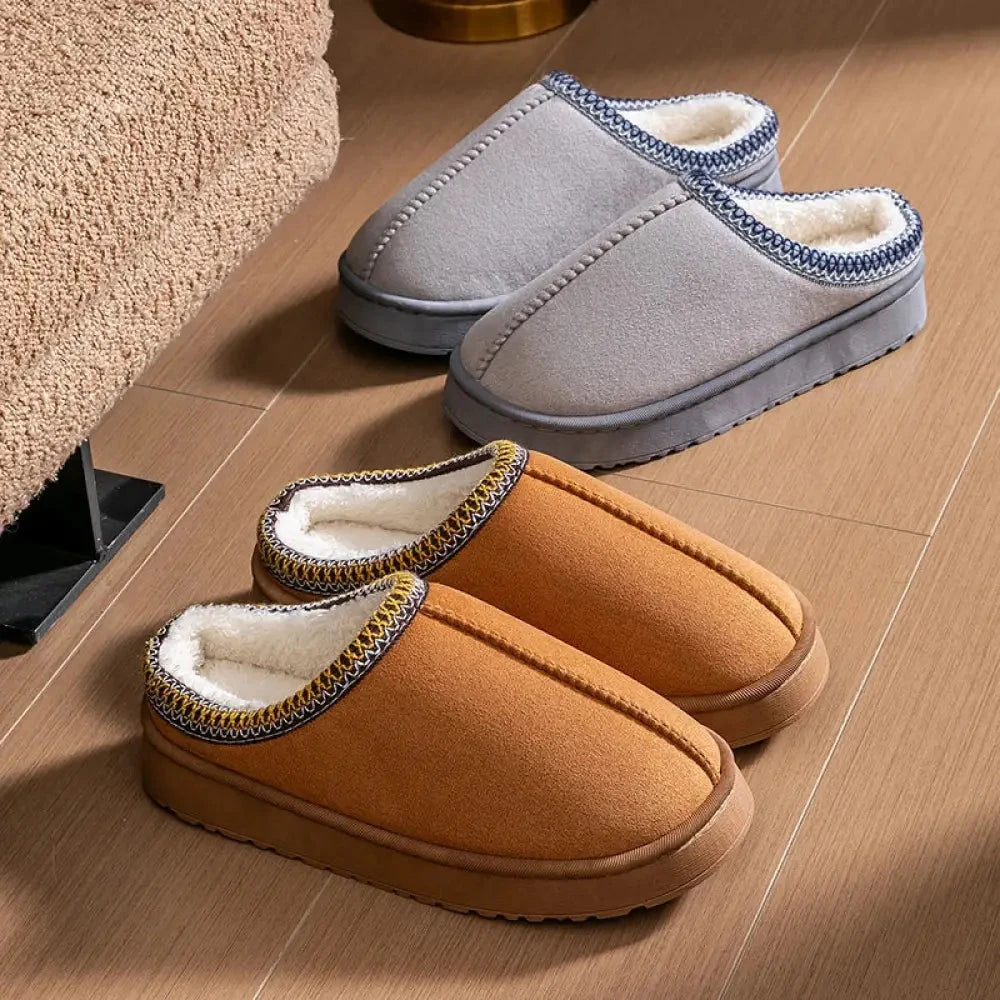 Platform slippers in suede look with open heel, plush lining and stitched trim - view 5