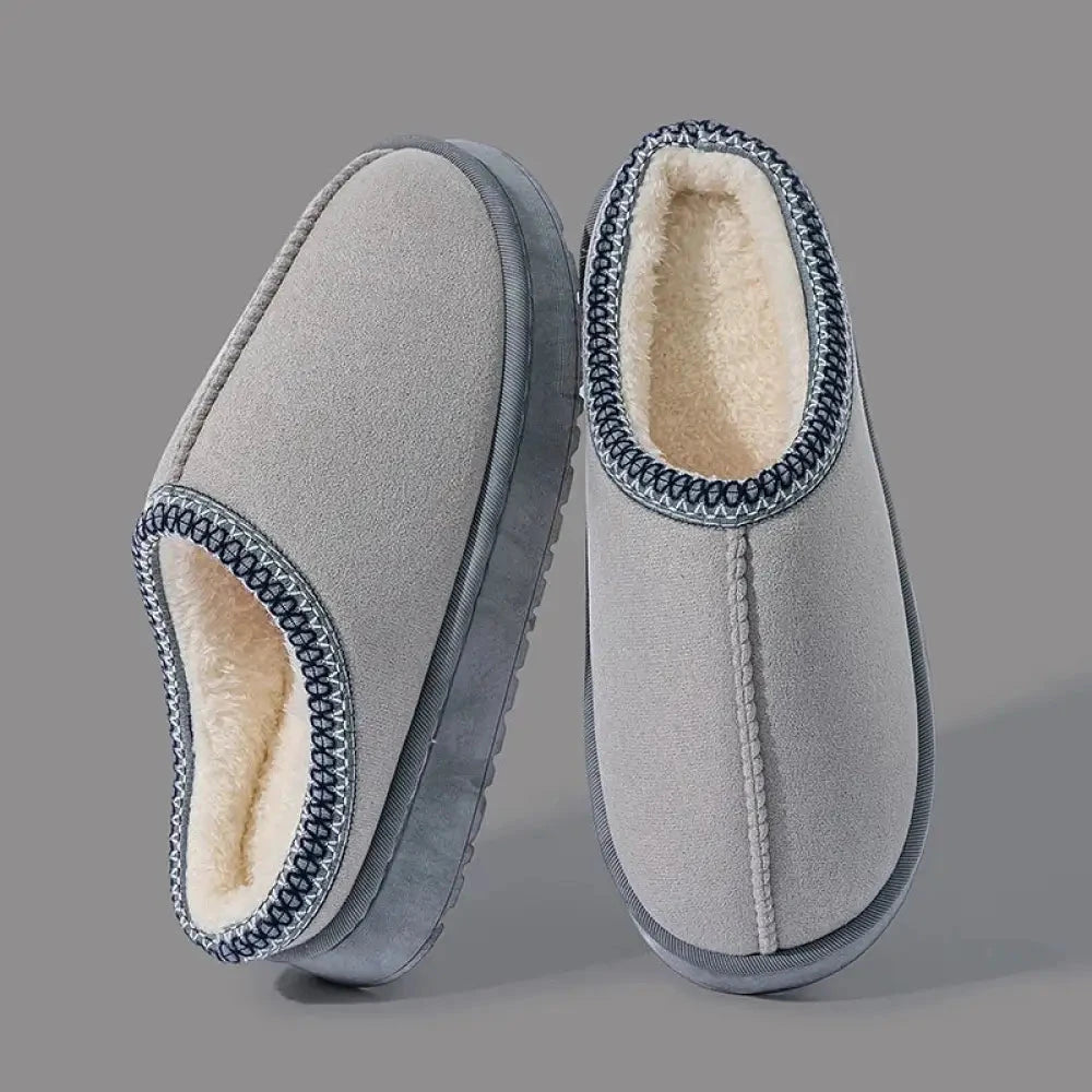 Platform slippers in suede look with open heel, plush lining and stitched trim - grey
