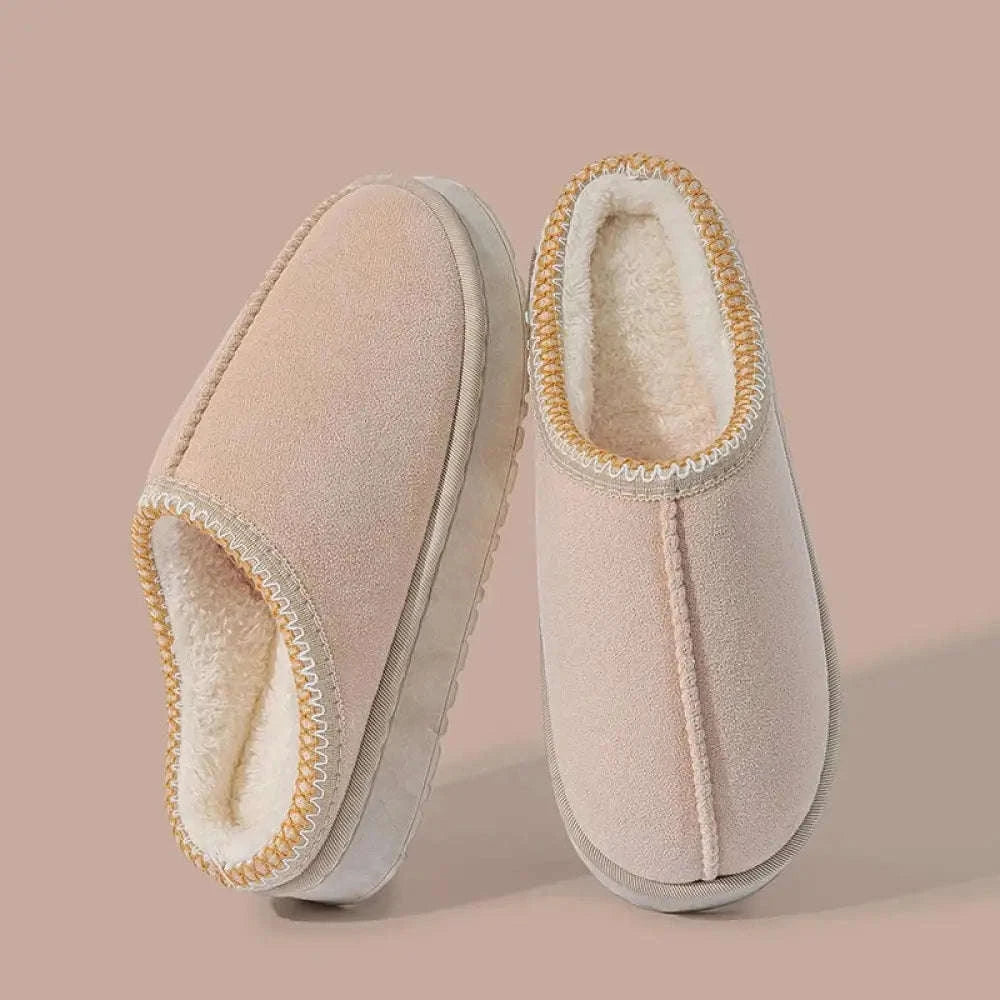 Platform slippers in suede look with open heel, plush lining and stitched trim - beige