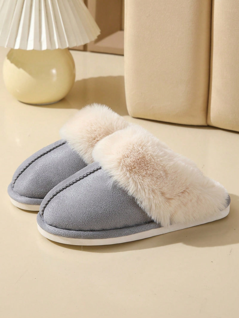 Women's slippers in suede look with a wide fold-over faux fur collar and a light sole - grey