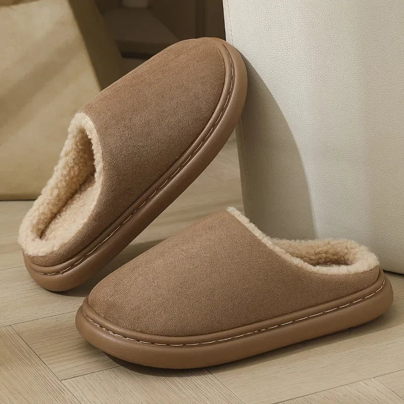 Slippers in a suede look with teddy lining, open back and rubber sole - taupe