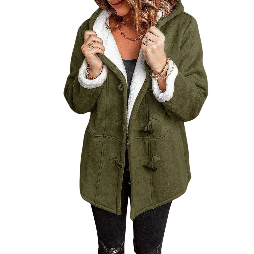 Women's suede-look duffle coat with a teddy-lined hood and toggles - olive