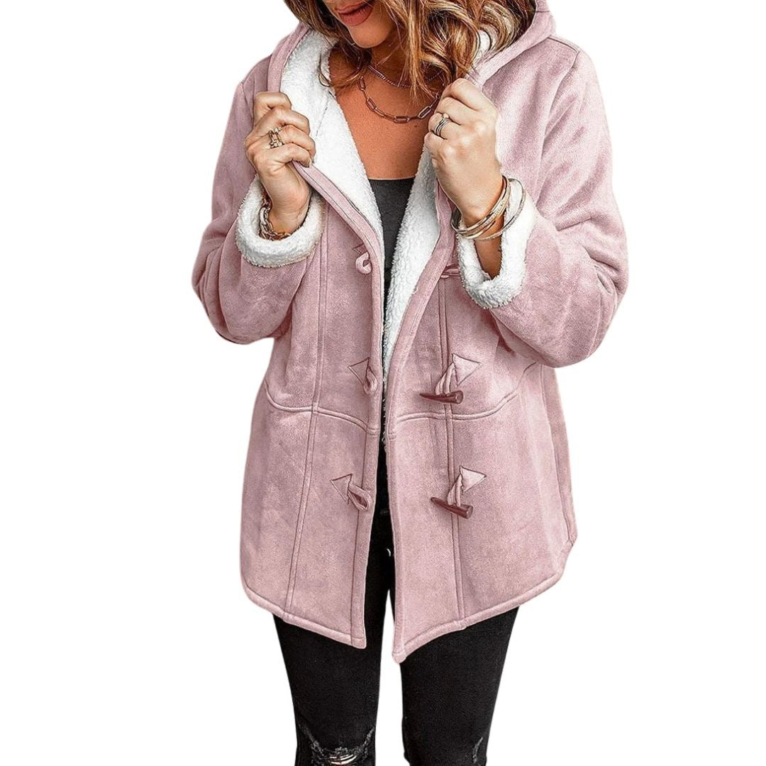 Women's suede-look duffle coat with a teddy-lined hood and toggles - dusty pink