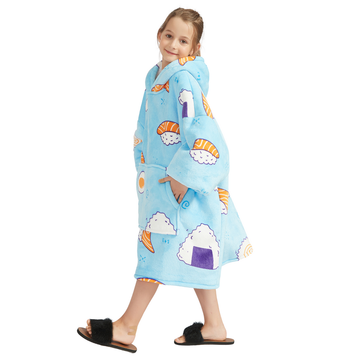 Kids' Sushi Print Blanket Hoodie with a Sherpa Lining