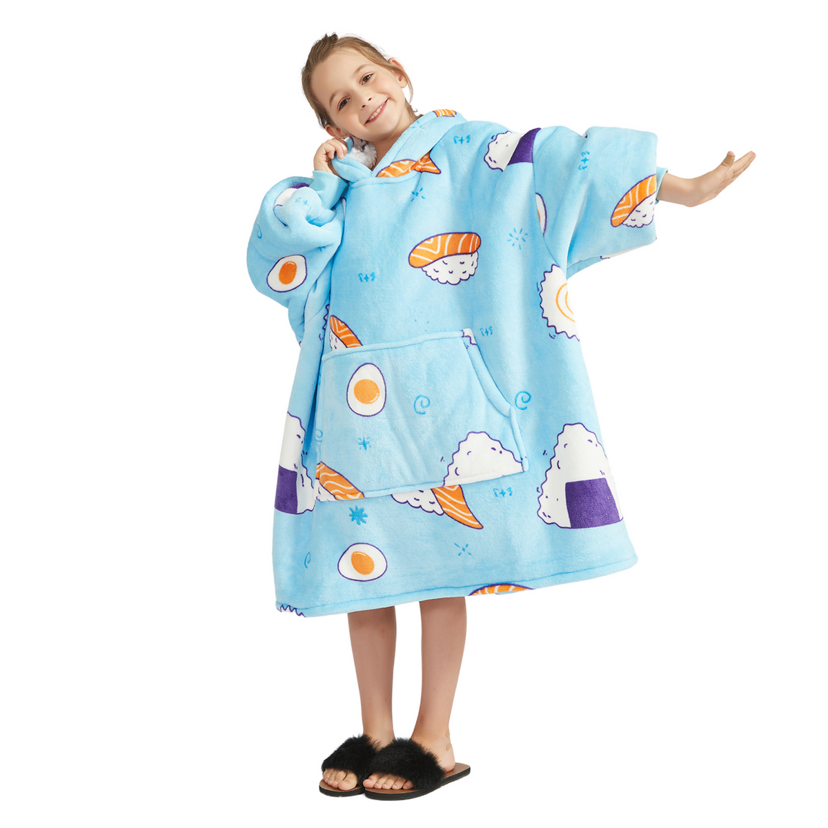 Kids' Sushi Print Blanket Hoodie with a Sherpa Lining