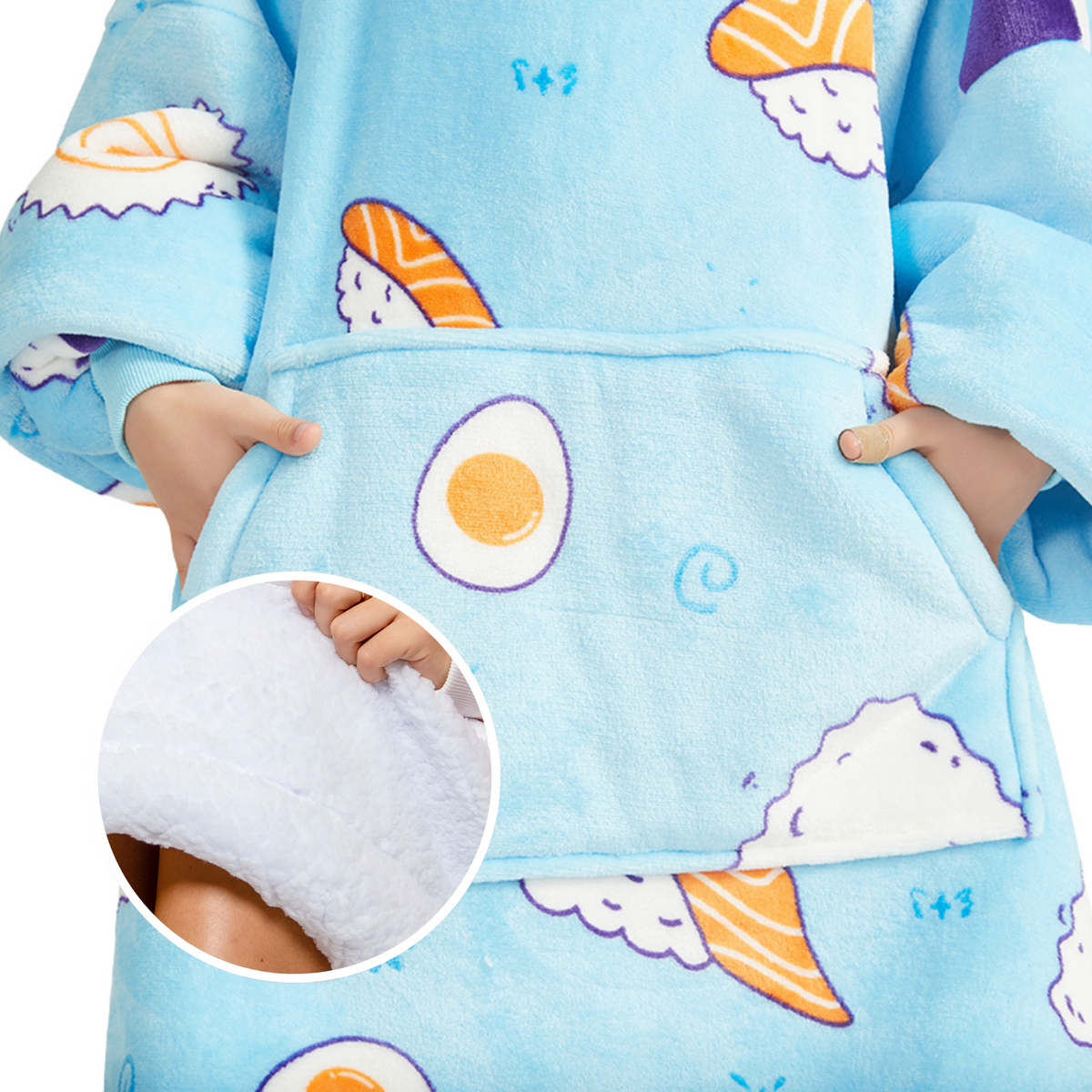 Kids' Sushi Print Blanket Hoodie with a Sherpa Lining