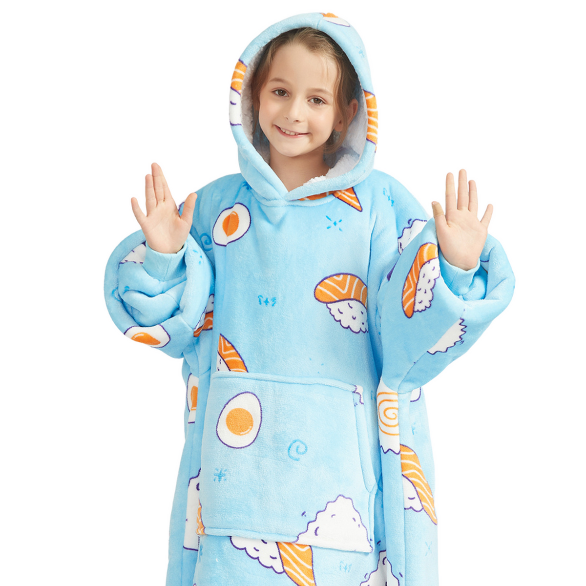 Kids' Sushi Print Blanket Hoodie with a Sherpa Lining