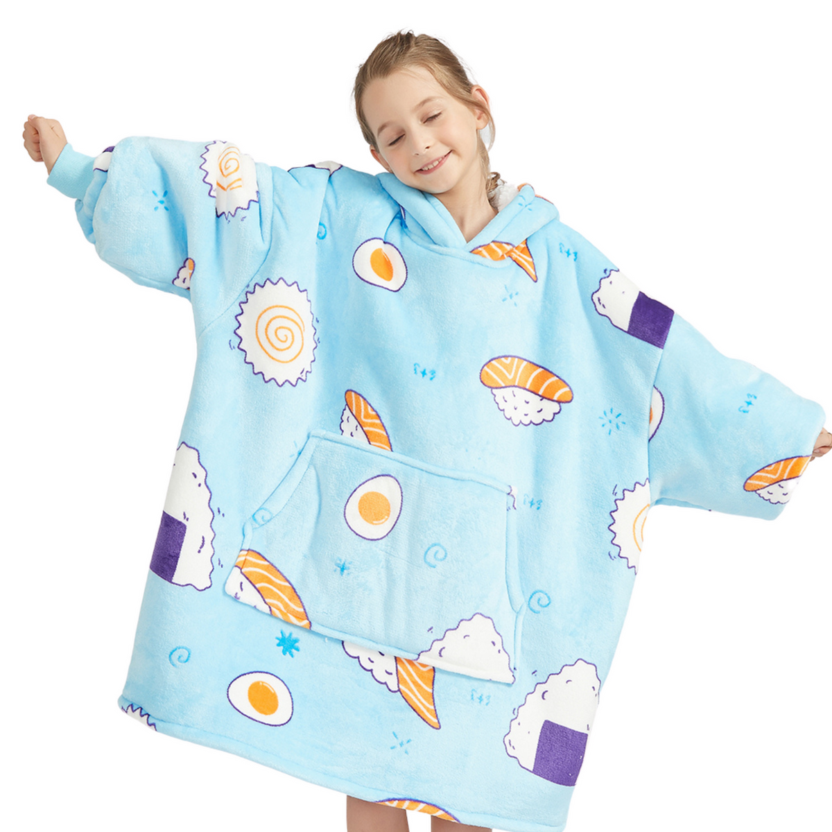 Kids' Sushi Print Blanket Hoodie with a Sherpa Lining