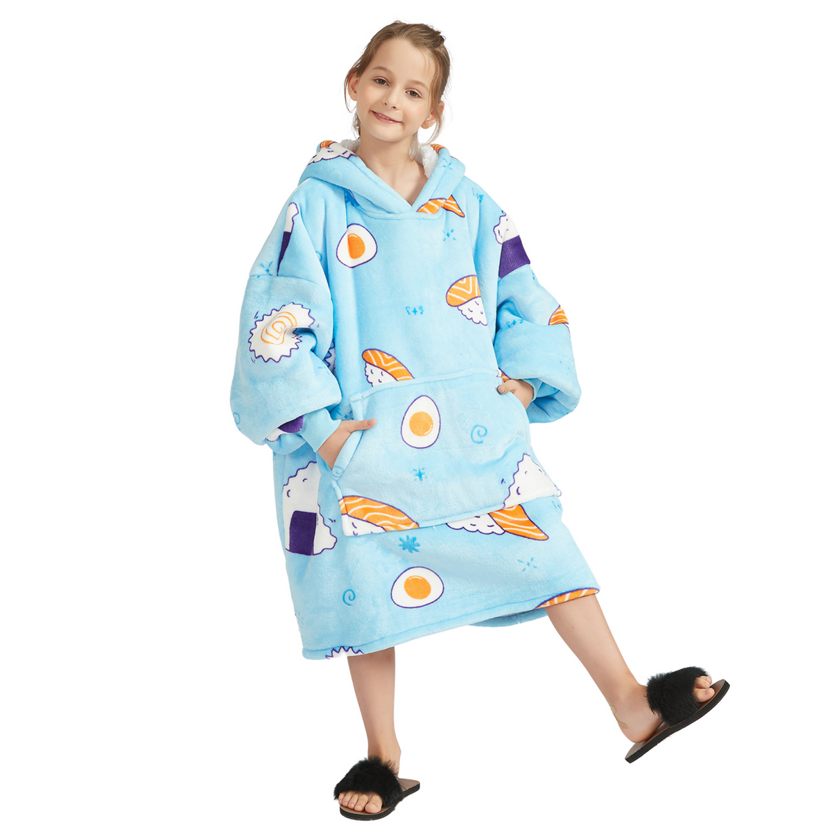 Kids' Sushi Print Blanket Hoodie with a Sherpa Lining