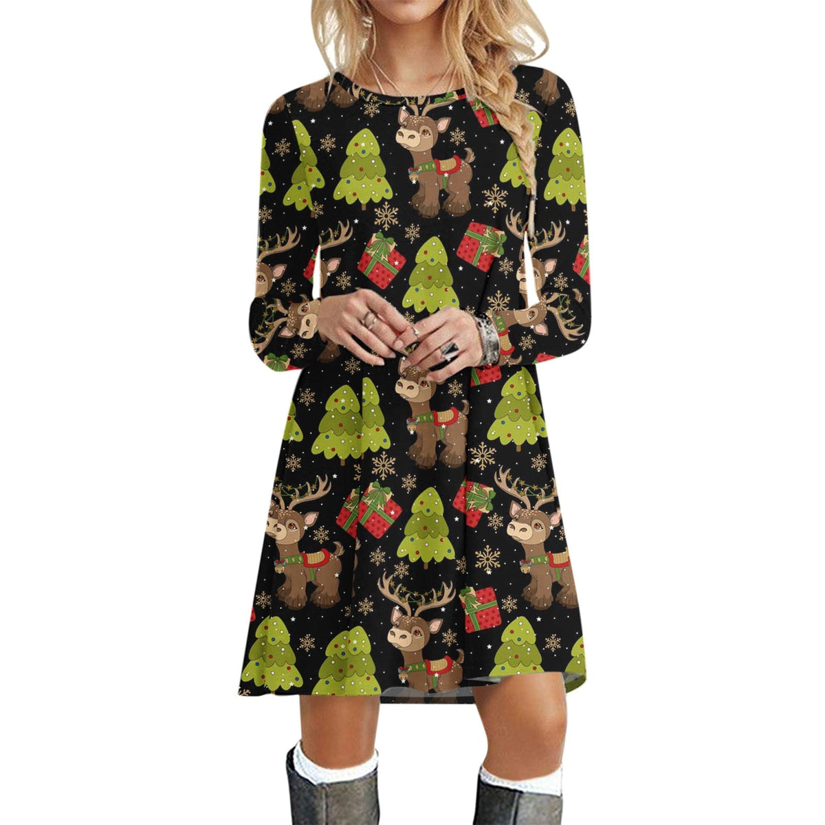 Women's loose swing Christmas dress with long sleeves and a crew neck - black trees and reindeer