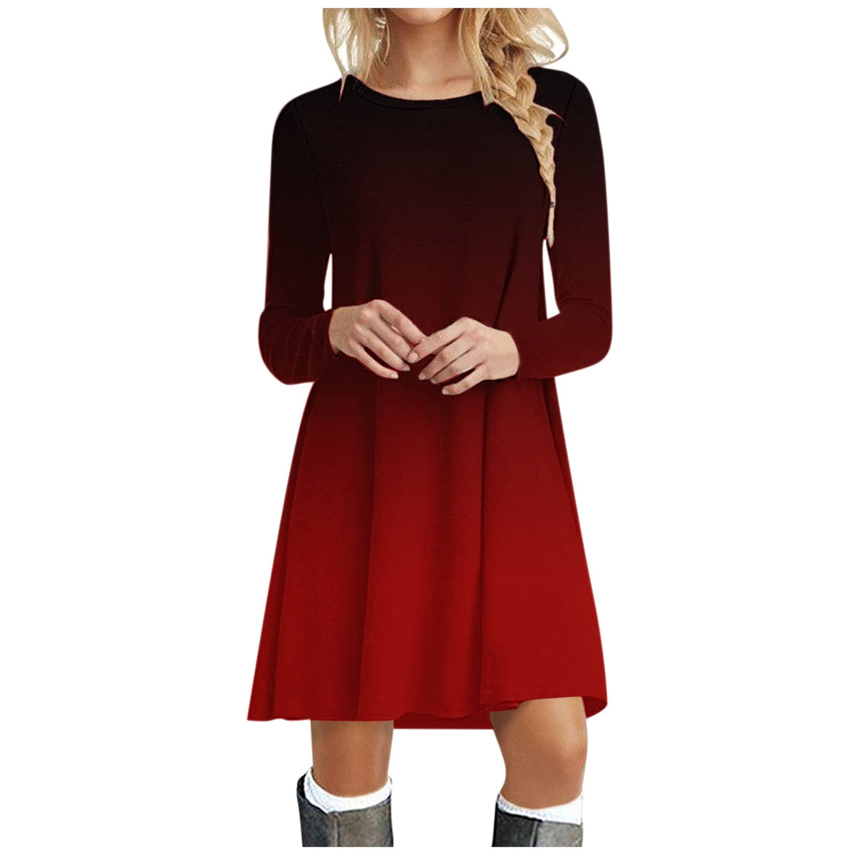 Women's loose swing Christmas dress with long sleeves and a crew neck