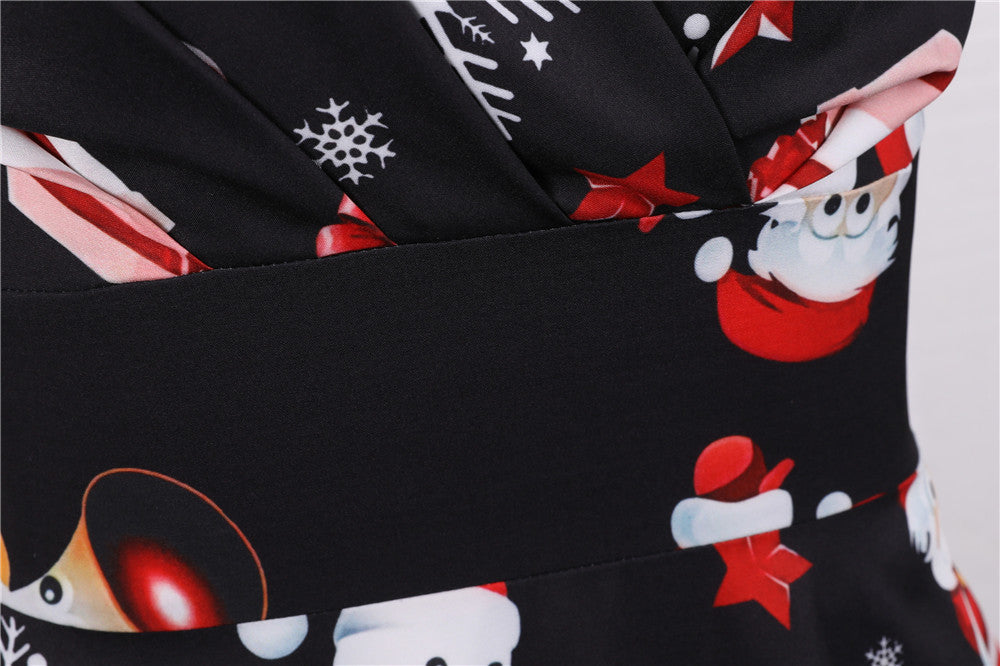 Women's swing Christmas dress with a wrap neckline, cap sleeves and full skirt