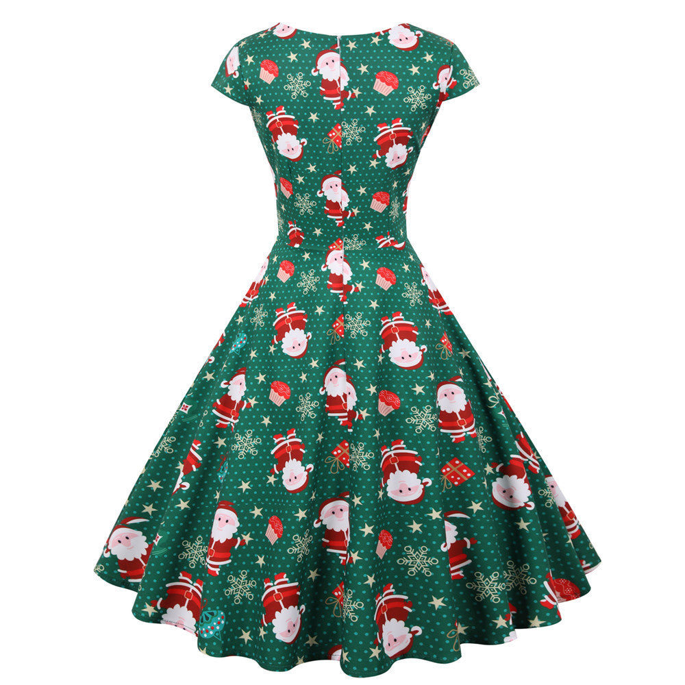 Women's swing Christmas dress with a wrap neckline, cap sleeves and full skirt