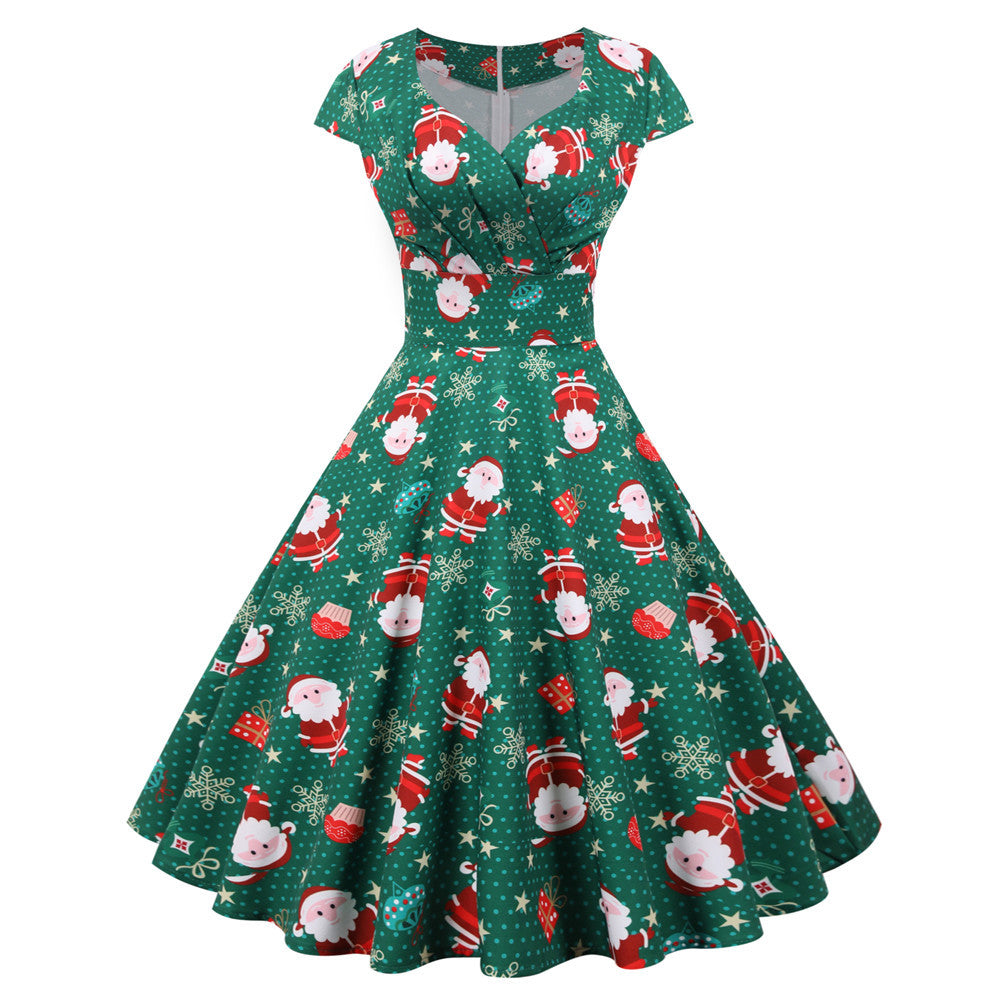Women's swing Christmas dress with a wrap neckline, cap sleeves and full skirt - green father christmas