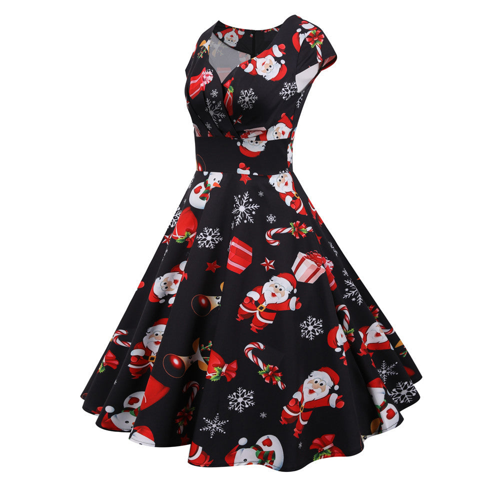 Women's swing Christmas dress with a wrap neckline, cap sleeves and full skirt