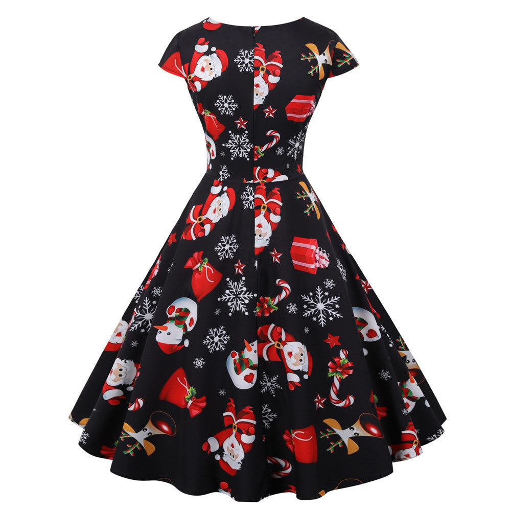 Women's swing Christmas dress with a wrap neckline, cap sleeves and full skirt