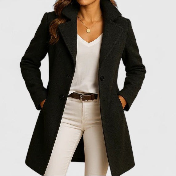 Women's tailored wool-look coat with wide lapels - black