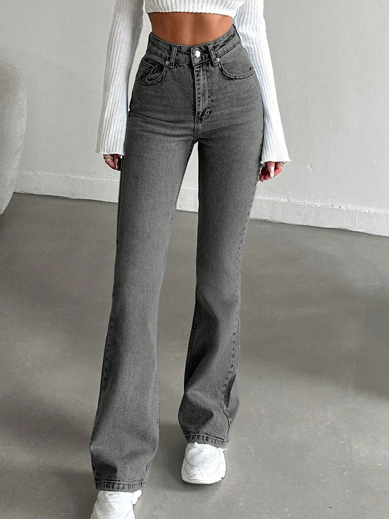 Tall flared jeans for women with a high waist and a leg that flares from the knee - grey