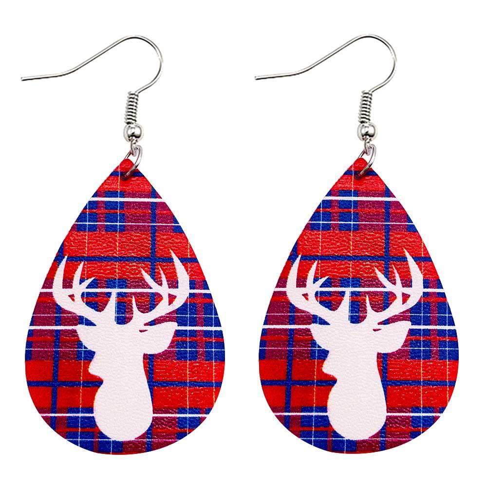 Faux leather teardrop Christmas earrings with a festive print on hooks - white antlers on blue check