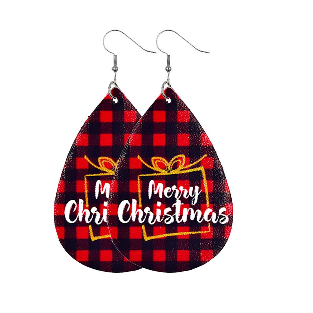 Faux leather teardrop Christmas earrings with a festive print on hooks - red and black check with present