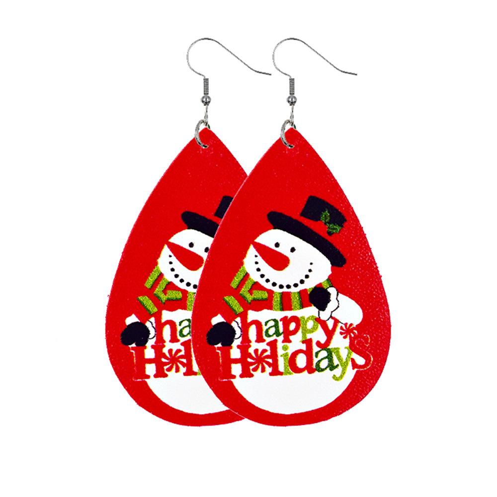 Faux leather teardrop Christmas earrings with a festive print on hooks - snowman happy holidays