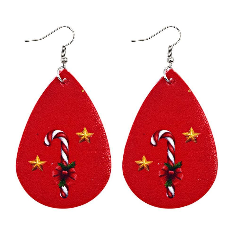 Faux leather teardrop Christmas earrings with a festive print on hooks - candy cane on red