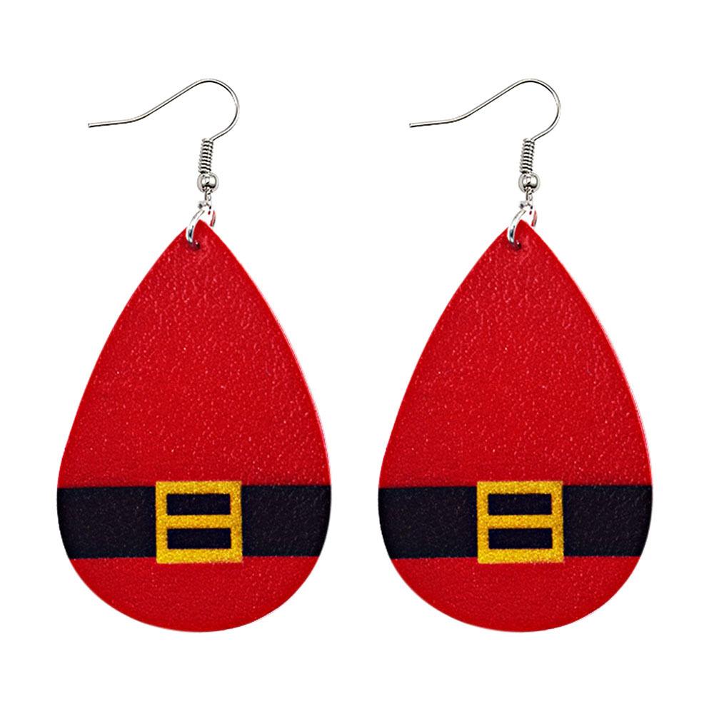 Faux leather teardrop Christmas earrings with a festive print on hooks - father christmas belt