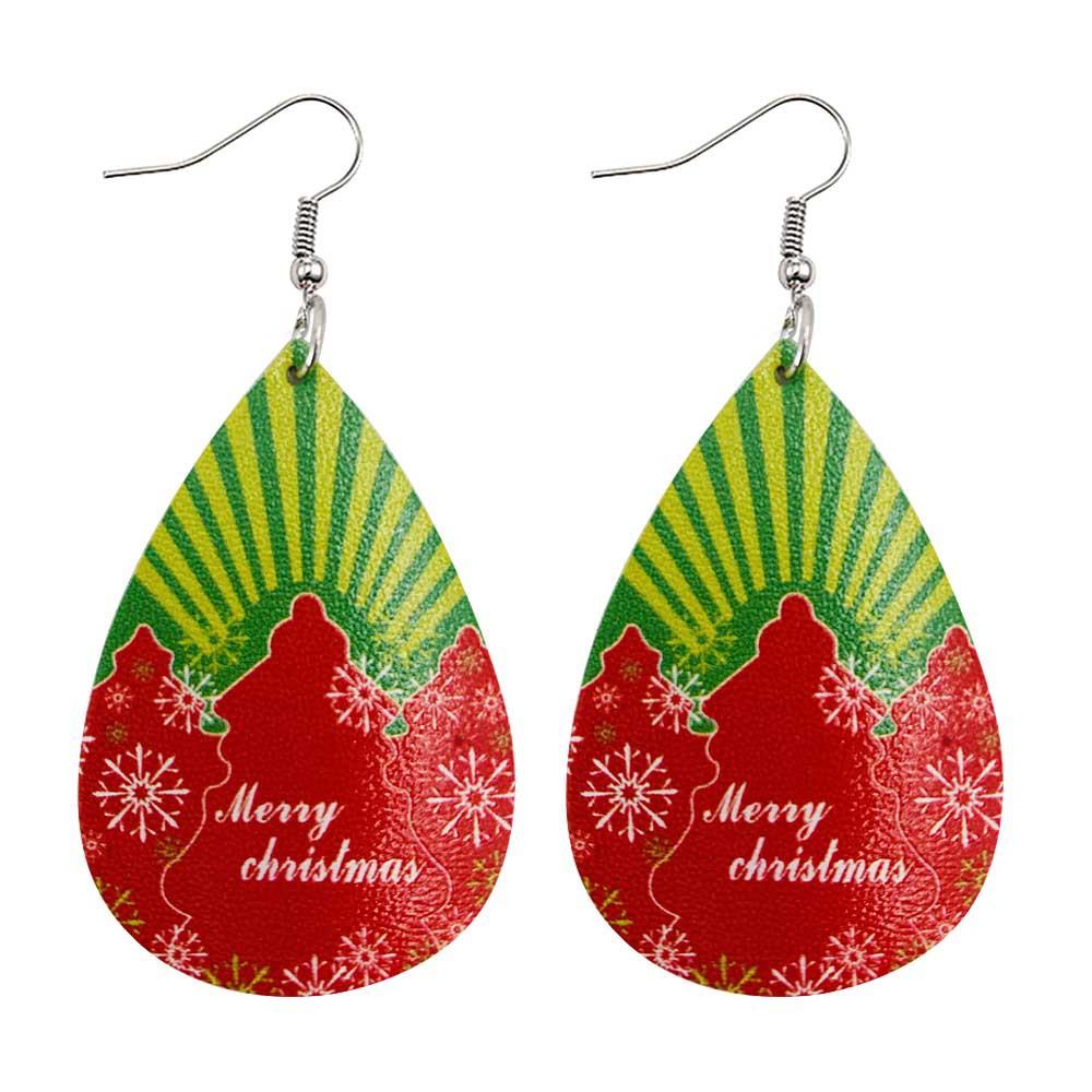 Faux leather teardrop Christmas earrings with a festive print on hooks - green and red merry christmas