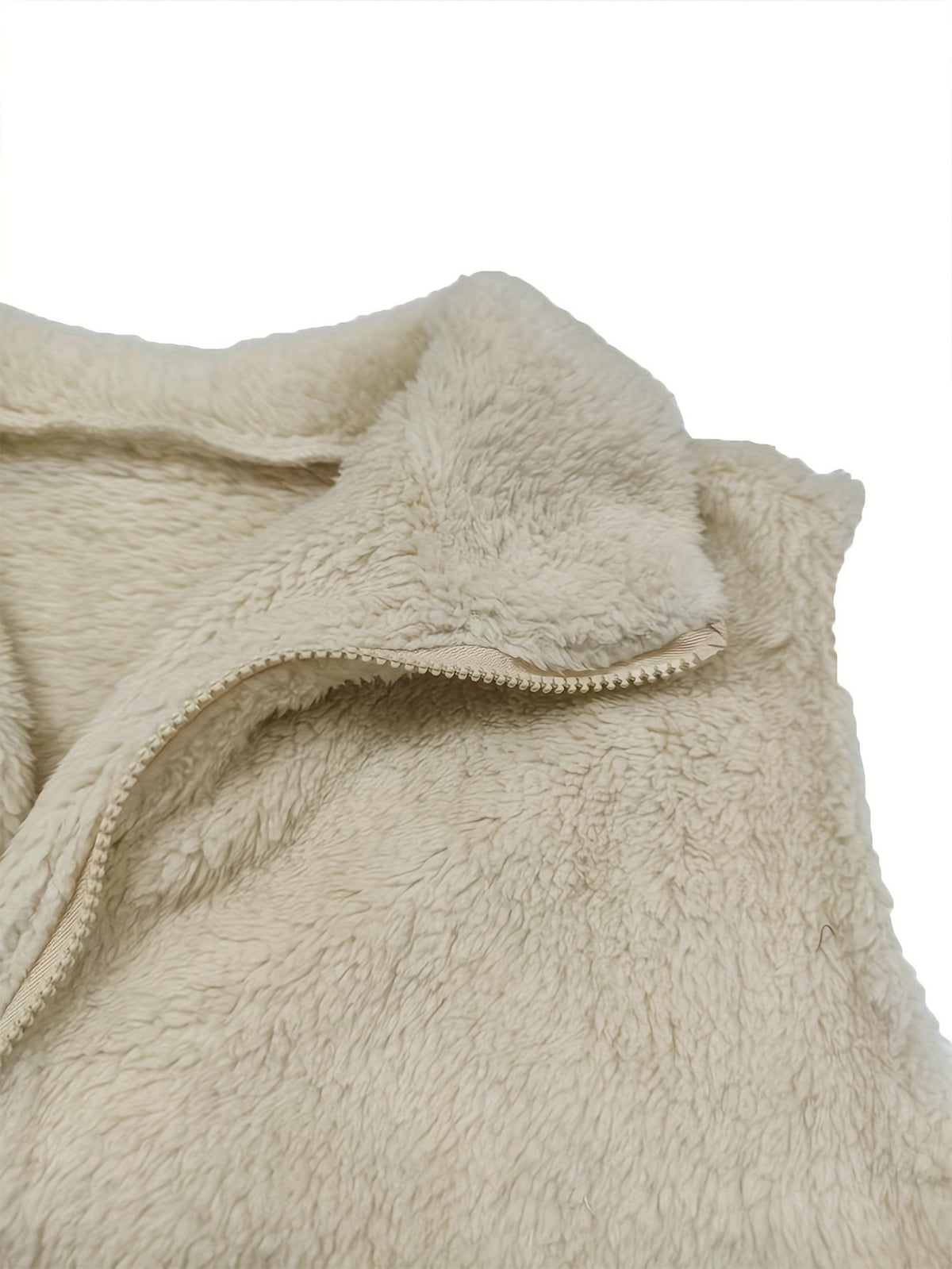 Women's teddy gilet with a high stand collar, full-length zip and side pockets