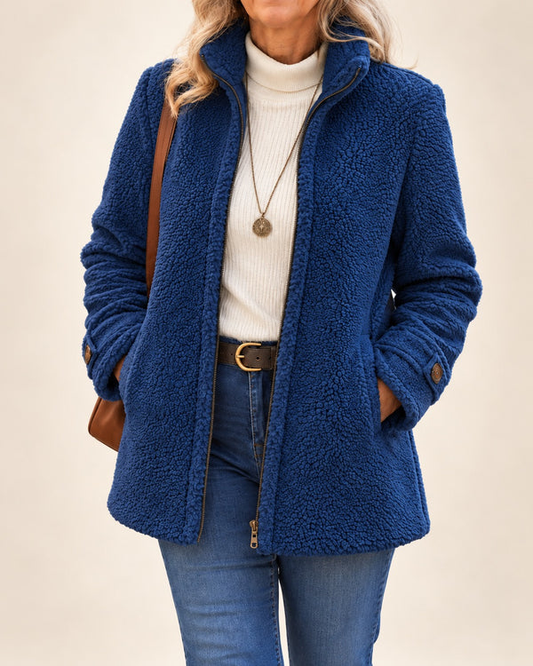 Women's teddy jacket with a stand collar and zip front - blue