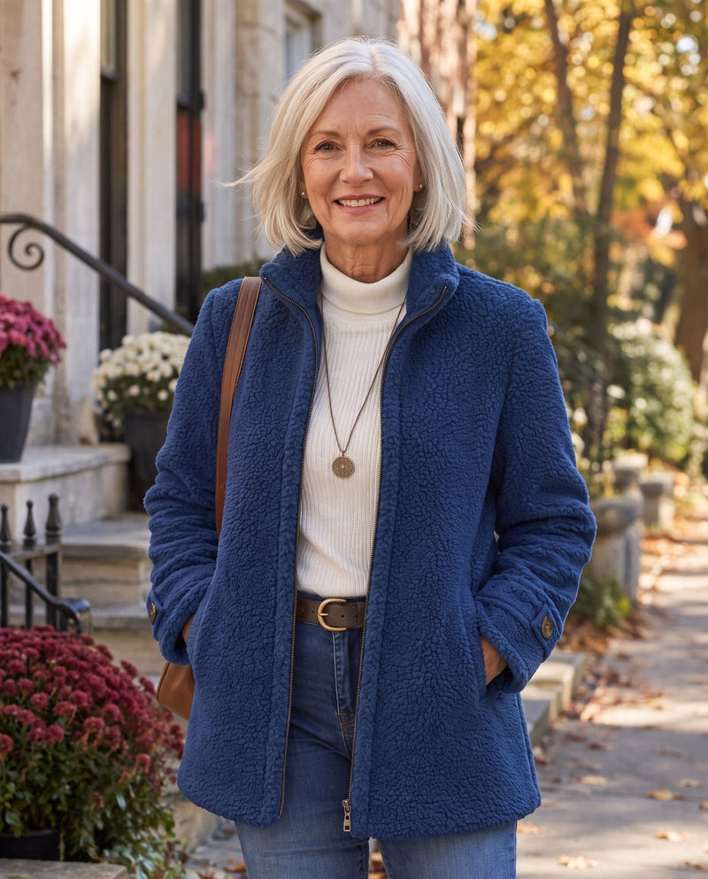 Women's teddy jacket with a stand collar and zip front - blue