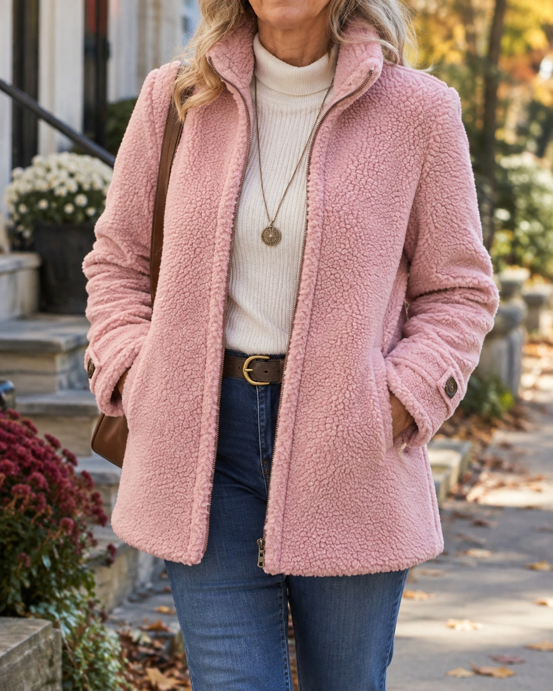 Women's teddy jacket with a stand collar and zip front - pink