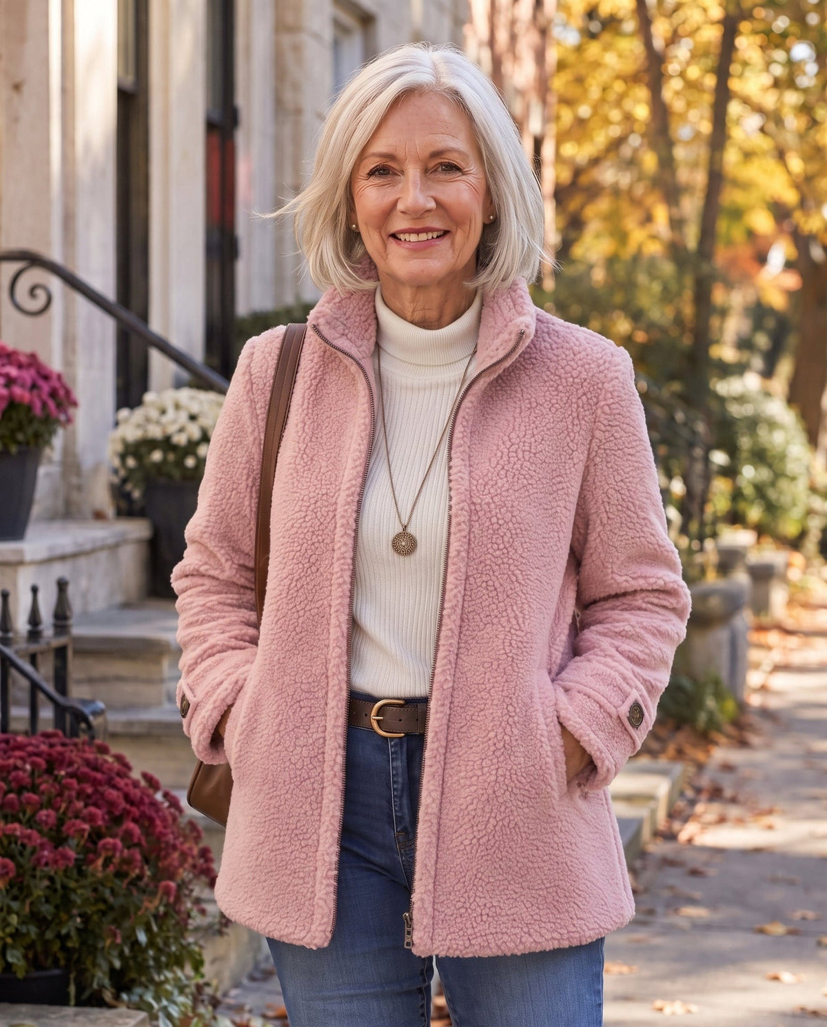 Women's teddy jacket with a stand collar and zip front - pink