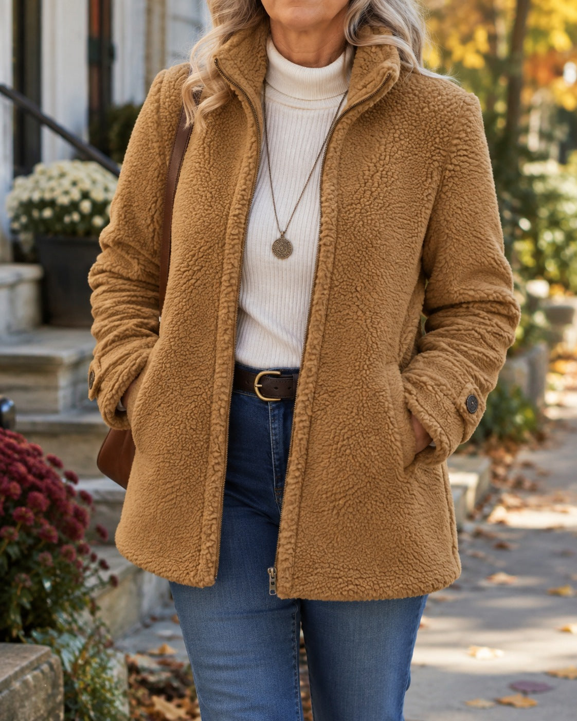 Women's teddy jacket with a stand collar and zip front - camel