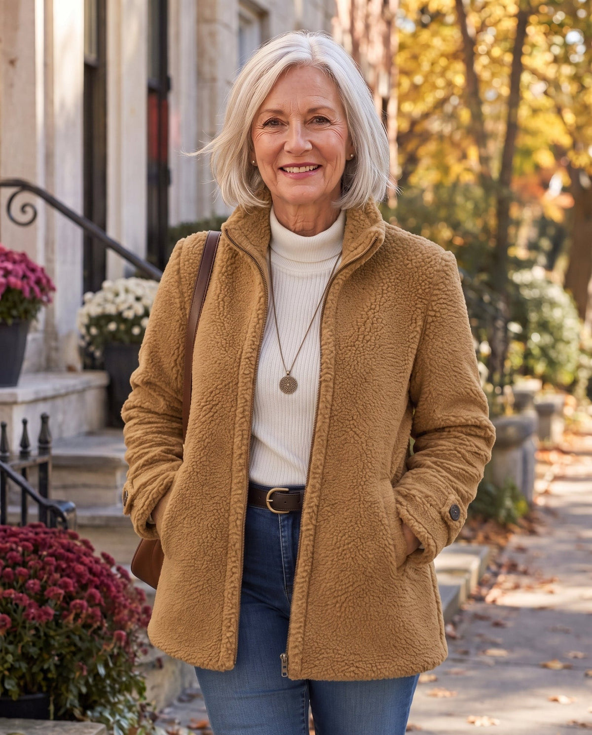 Women's teddy jacket with a stand collar and zip front - camel