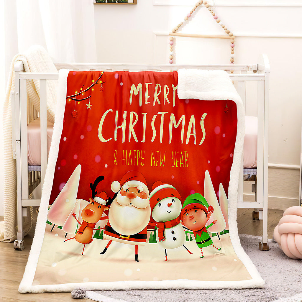 Teddy-lined Christmas blanket with a festive print - red father christmas and friends