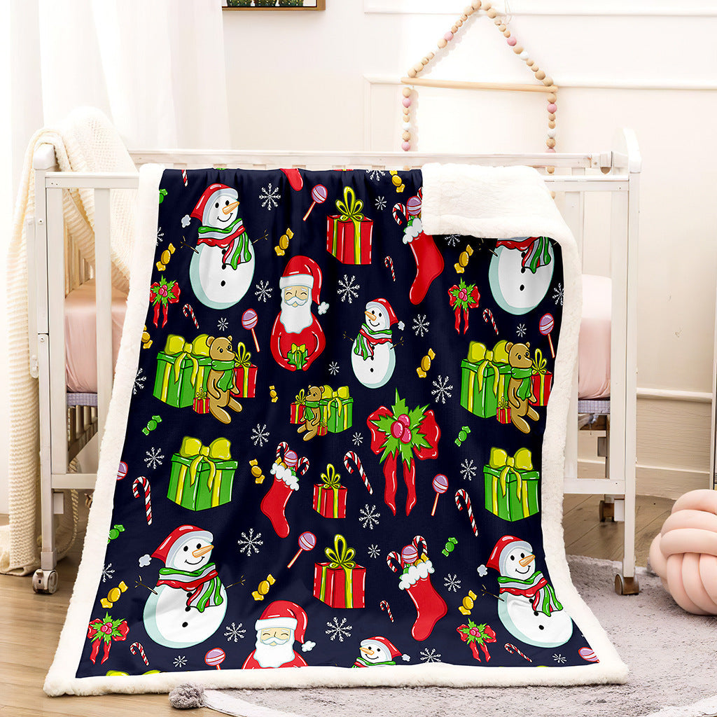 Teddy-lined Christmas blanket with a festive print - navy snowmen and presents