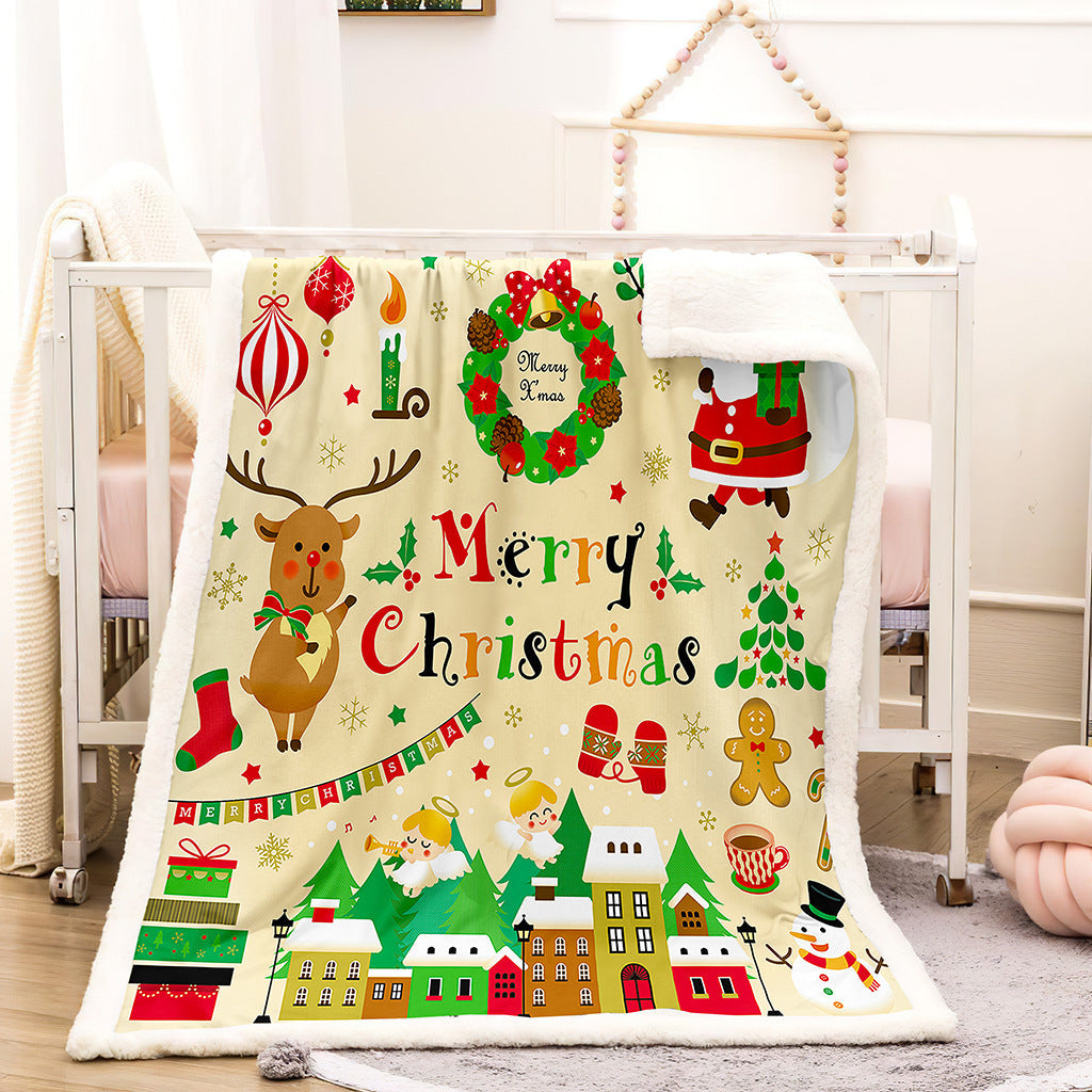 Teddy-lined Christmas blanket with a festive print - cream reindeer and village