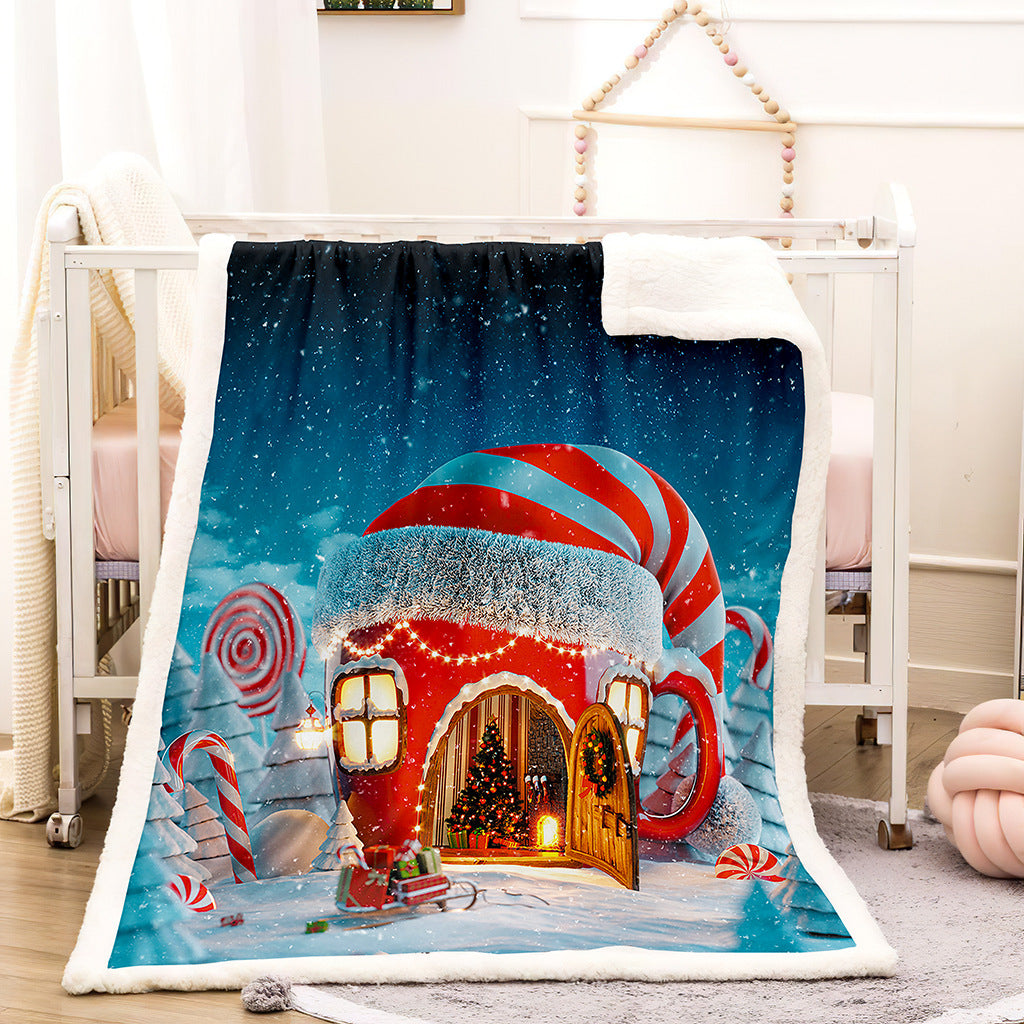 Teddy-lined Christmas blanket with a festive print - snowy elf house