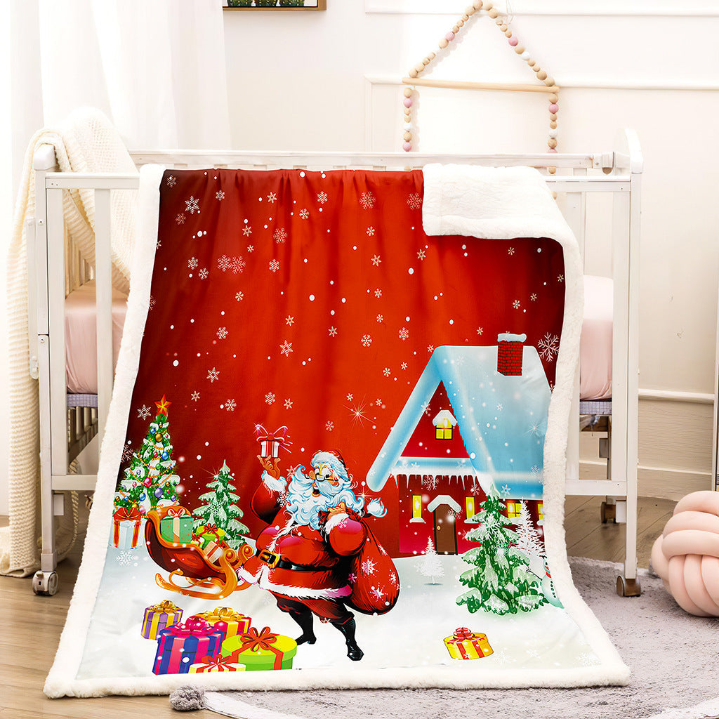 Teddy-lined Christmas blanket with a festive print - father christmas at the cottage
