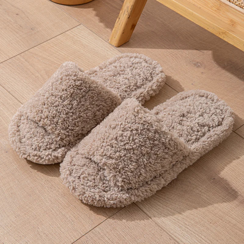 Curly teddy slippers with one wide strap, open toe and flat sole - taupe