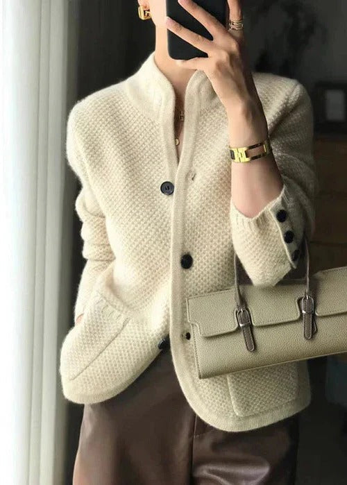 Women's textured knit cardigan with a stand collar and buttoned cuffs - cream
